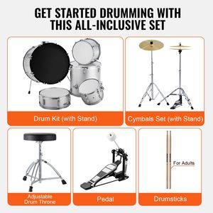 Set Batteria Completo per Adulti da 5 Pezzi 22" con Pelli di Betulla, Bass Drum, Tom, Rullante e Supporti Regolabili - Product Image 6