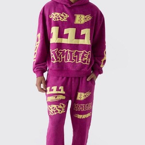 Ensemble de survêtement à capuche streetwear, sweat-shirt et pantalon unisexe, coupe ample, en coton, pour l'automne, survêtement homme avec impression en relief - Product Image 1
