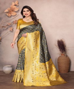 Sari de Seda Dorada con Borde Negro Estampado, Traje Tradicional Indio para Bodas, para Mujer, Largo hasta el Suelo, Corte Regular - Product Image 2