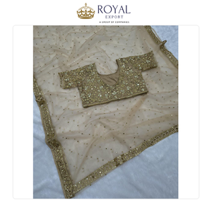 Sari de red indio de la mejor calidad, nuevo estilo, última moda, ropa de boda de diseñador, con lentejuelas y trabajo de espejos elaborados. - Product Image 5