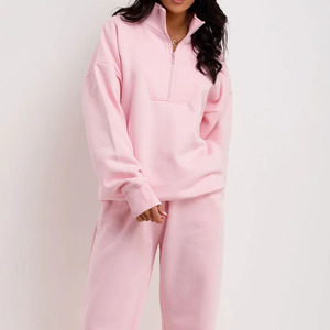 Ensemble de survêtement rose pour femme, demi-zip, manches longues, coupe ample, couleur unie, décontracté, pour l'automne, avec poches latérales - Product Image 5