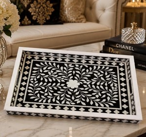 Plateau de service de luxe en os incrusté pour thé et café, plateau de rangement floral haut de gamme pour table basse, ottoman, coiffeuse - Product Image 2
