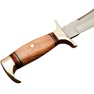 Cuchillo de caza Bowie hecho a mano de acero D2 con mango de madera de olivo marrón, hoja fija plateada, funda de cuero, cuchillo para acampar al aire libre - Product Image 3