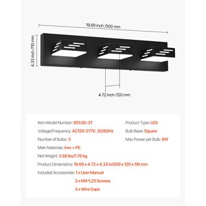 Lampada da Parete Moderna a 3 Luci LED per Bagno, 19,69 Pollici, Finitura Nera, Illuminazione da Parete con Impermeabilità IP44 per Bagni Moderni - Product Image 6