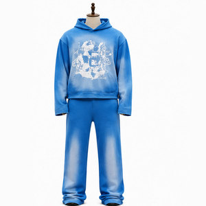 New Design High Quality Acid Wash Tracksuit Men's <b>Hooded</b> Zip-Up Streetwear Unisex Winter Breathable Polyester/Cotton <b>Fleece</b> Sets - Product Image 1