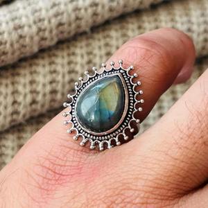Boho <b>Labradorite</b> Vintage Brass <b>Ring</b> Silver Plated Tribal Cocktail Wholesale <b>Ring</b> For Women - Product Image 3