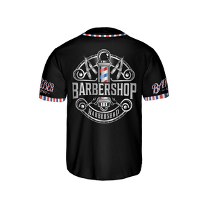 Custom Barber Shop Sublimated Jersey Black With Red White Blue Trim Personalized Name And Logo - Product Image 2