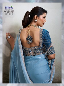 Sari de Seda Bordado de Diseño Glamuroso, Largo hasta el Suelo, Diseño Moderno para Fiestas, Bodas, Eventos Culturales, Suave y Largo - Product Image 4