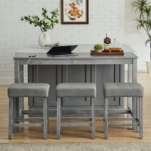 59-Inch Power Outlet <b>Bar</b> <b>Table</b> 3 Upholstered <b>Stools</b> 4 Piece Dining Sofa <b>Table</b> Chair <b>Set</b> for Living for Home Office Furniture - Product Image 5