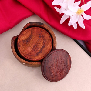 Juego de cinco posavasos redondos de madera hechos a mano con incrustaciones florales, con soporte, posavasos vintage para bebidas, artículo decorativo artesanal para mesa. - Product Image 4
