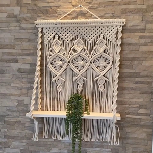 Diamond Design Macrame <b>Wall</b> <b>Hanging</b> Cotton Rope with Pine Wooden Shelf Bohemian Handmade <b>Decorative</b> <b>Wall</b> <b>Hanging</b> for Home Décor - Product Image 6