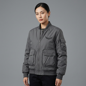 <b>Men's</b> Gray <b>Jacket</b> With Embroidered Wings Logo Zipper Stand Collar Casual Windproof Thick Polyester Wadding Autumn Wear - Product Image 2
