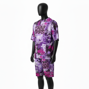 ชุดเสื้อยืดและกางเกงขาสั้นผู้ชาย ผ้าโพลีเอสเตอร์คุณภาพสูง ระบายอากาศได้ดี สีม่วงชมพู พิมพ์ลายทั่วตัว รับสกรีนโลโก้ - Product Image 4