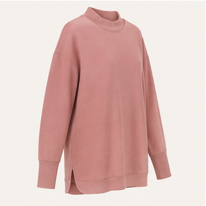 Sudadera personalizada para mujer, color rosa empolvado, cuello simulado, corte largo, abertura lateral, estilo relajado, WSS-0003 - Product Image 3