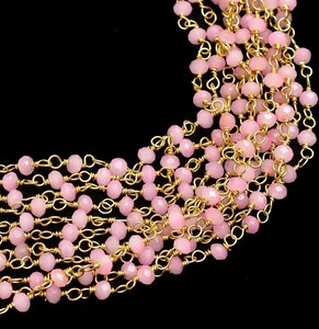 Chaîne de chapelet en quartz rose hydrofatté, perles rondes facettées de 3 mm, fil plaqué or, pour la fabrication de bijoux - Product Image 5