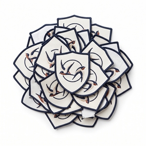 Wholesale Custom <b>Patch</b> Maker Shield Flying Swallows Circle Badge Off White Twill Navy Border Iron On <b>Applique</b> - Product Image 1