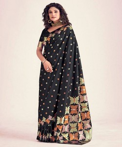 Black Digital Printed Silk Saree With <b>Butterfly</b> Pattern Traditional Indian Wedding Wear For Women - Product Image 1