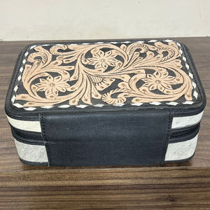 Nuevo organizador de joyas portátil para mujer, de cuero genuino, hecho a mano, con cierre de cremallera y diseño floral de estilo occidental. - Product Image 5