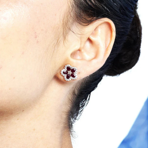 18K Solid Gold Ruby Cherry Blossom Flower Earrings with Diamond and Pearl Accents - Product Image 3