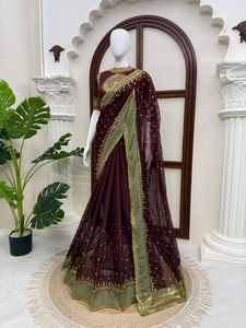 Sari de Diseño Bordado Color Granate para Mujer, Listo para Usar, para Fiestas, Bodas, Festividades, Tradicional, Étnico, Indio - Product Image 6
