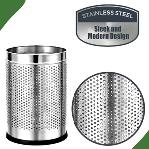 Cubo de basura perforado de acero inoxidable, redondo, con tapa abierta, de metal, para oficina, hotel, hogar, área pública - Product Image 3