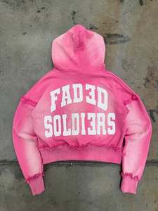 Sudadera con Capucha Rosa Corta Personalizada con Bordado, de Forro Polar de Poliéster/Algodón, con Borde sin Rematar y Acabado Desgastado, Ajuste Regular, Estilo Urbano, OEM ODM para Hombre - Product Image 2