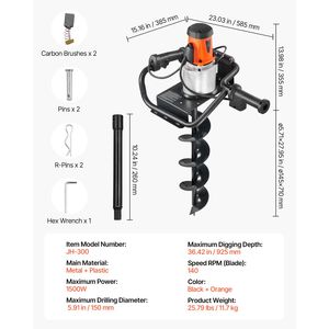 Potente Trivella Elettrica in Metallo da 1500W con Punta da 5,71 Pollici e Trapano per Terra in Acciaio Legato da 140 RPM (10,24 Pollici) - Product Image 4