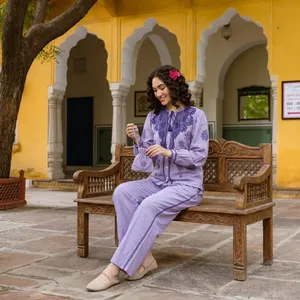 Ensemble bohème pour femmes, broderie florale en coton, manches longues, pantalon ample, tenue printemps été - Product Image 2