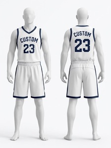Ensemble Maillot et Short de Basketball Personnalisé Blanc et Bleu Marine – Tenue de Sport Professionnelle Respirante pour Équipe – Personnalisable pour Match - Product Image 1