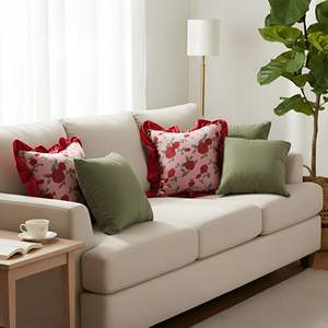 Ensemble de 5 housses de coussin en velours vert sauge et rose avec volants bordeaux, coussins décoratifs pour sièges et oreillers - Product Image 2