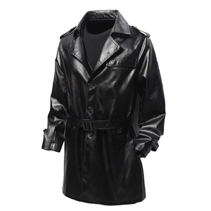 Mens Black <b>Leather</b> Trench Coat <b>Long</b> Belted Overcoat Genuine <b>Leather</b> PU <b>Leather</b> Winter Fashion <b>Jacket</b> - Product Image 1