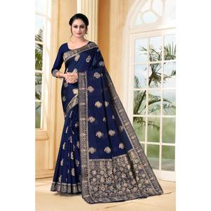Sari en soie Banarasi pour occasions spéciales, travail jacquard, avec blouse non cousue, bleu - Product Image 1