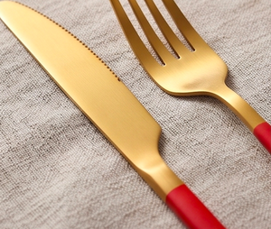 Red Handle Cutlery <b>Set</b> With Chopstick And Matte Gold PVD Head For Outdoor Dining Office <b>Lunch</b> Camping Wedding And Travel - Product Image 2