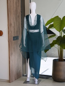 Women Ethnic Teal Green Embroidered Crop <b>Top</b> With Asymmetric Skirt And <b>Net</b> Dupatta Party Wear Set India Pakistan Style - Product Image 5