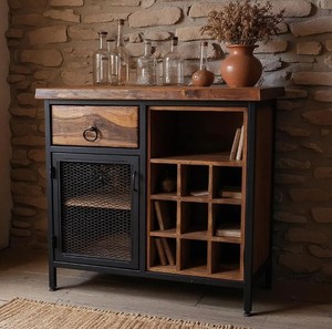 <b>Rustic</b> Solid Mango Wood Bar <b>Cabinet</b> with Wine Storage and Metal Mesh Door Freestanding Console for Drinks Organization - Product Image 4