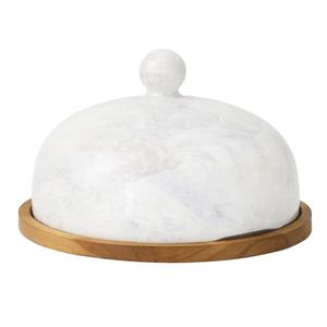 Dôme à beurre en résine effet marbre brun, couvercle de cloche à fromage avec plateau en bois, dôme de service rustique pour la cuisine, rangement alimentaire - Product Image 1