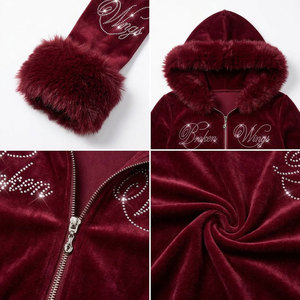Women's Burgundy Velvet Hooded Tracksuit Set Full Sleeve Zipper Front <b>Glitter</b> Print <b>Flared</b> Pants Sexy Winter Wear - Product Image 6