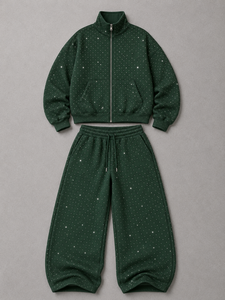 Boutique Fashion Custom Green Rhinestone Oversized <b>Zip</b> <b>Up</b> Hoodies Baggy Joggers <b>Men</b> Heavy <b>Fleece</b> Cotton Stand Collar Jacket Sets - Product Image 4