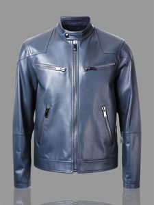 Chaqueta de Motociclista de Cuero Vacuno Azul para Hombre, Cuello Alto, Cierre de Cremallera, Corte Regular, para Otoño - Product Image 4
