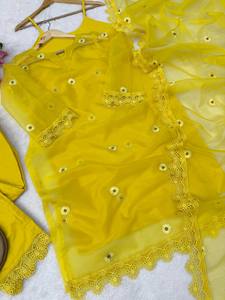 Ensemble de 4 pièces en organza de nylon brodé, avec boléro fantaisie en dentelle, ensemble de boléro de créateur, ensemble de créateur brodé avec dupatta, pour tenue de soirée - Product Image 3