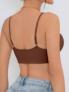 Women V Neck Workout Bralette Thin Adjustable Straps Gathered Center Seamless Ribbed Band Gym <b>Crop</b> <b>Top</b> Wholesale - Product Image 5