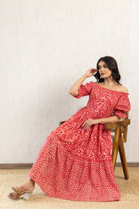 Robe midi à imprimé floral rouge, épaules dénudées, manches à volants, taille élastique, coton respirant, robe d'été décontractée pour femmes - Product Image 2