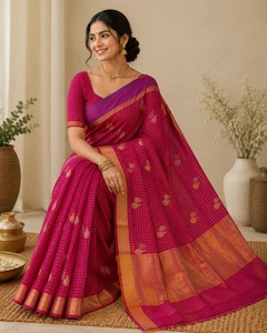 Sari en soie pure tissé à la main élégant, motif à carreaux rose magenta, bordure en zari doré, vêtement traditionnel indien pour les fêtes et les mariages - Product Image 2