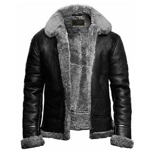 Chaqueta de Cuero Negra para Hombre con Cuello de Piel Gris, Abrigo de Invierno de Piel de Oveja Genuina, Forro Polar Cálido, Estilo Aviador - Product Image 1