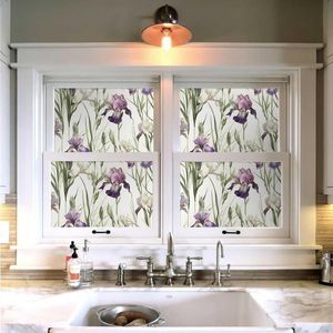 Carta da Parati Floreale Verde/Viola con Iride, Adesiva Vintage Staccabile e Riposizionabile, Decorazione Murale con Fiori Selvatici, Adesivo Murale Acquerello - Product Image 4