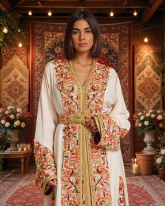 Caftan marocain blanc en velours prune, élégant, brodé à la main, col en V, longueur maxi, manches longues, ourlet évasé, coupe ample, robes pour femmes musulmanes - Product Image 1