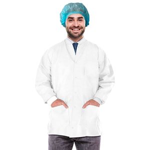 Giacca da laboratorio Unisex da 30 pollici monouso 100 Pack abbigliamento da lavoro bianco lungo fino ai fianchi camicie da 50 Gsm con bottoni a bottoni in maglia frontale con collo 3 di sicurezza - Product Image 1