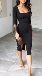 Vestido midi ajustado con cuello cuadrado y encaje negro con patchwork - Product Image 4