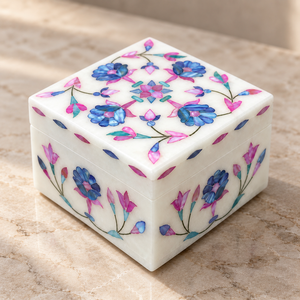 Square Marble Jewelry <b>Box</b> With Floral Inlay Design For Rings And Accessories - Product Image 3