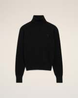 Pull en laine à col roulé noir pour homme, tricoté, couleur unie, design minimaliste, logo sur le devant, vêtement d'hiver, coupe classique